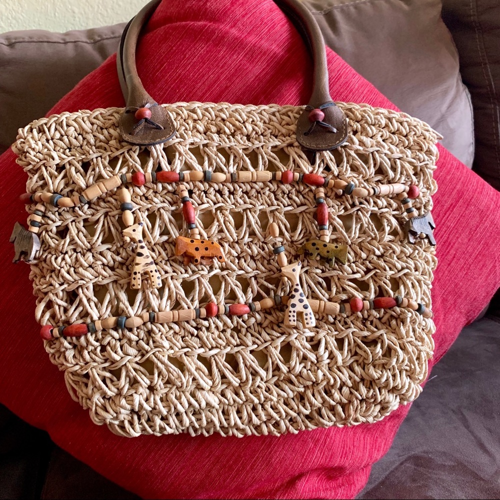 VTG Rare Carved Wood Animal Safari & Raffia Beaded Bag